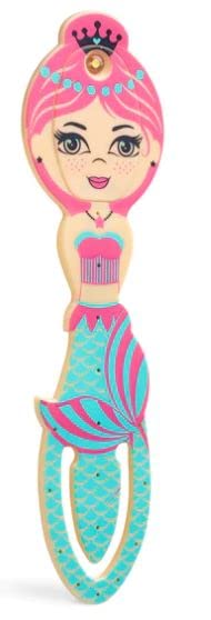 Wooden mermaid-shaped bookmark with pink hair and teal tail.
