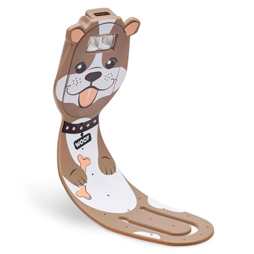 Brown plastic dog-shaped rechargeable light with a smiling face.