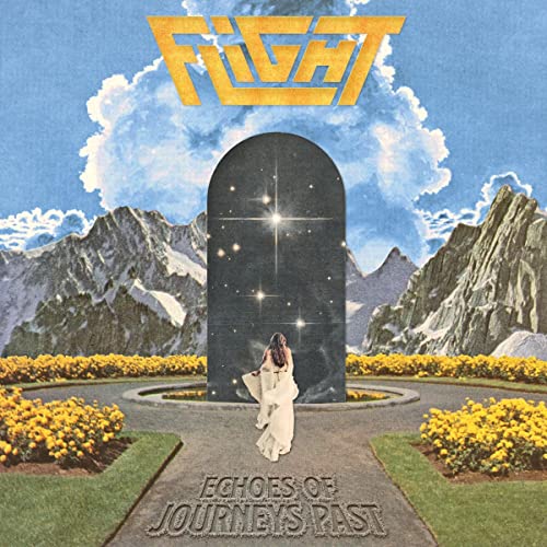 A person in a white dress walks toward a starry portal between mountain ranges.