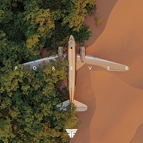 Top-down view of a metallic airplane parked between a lush forest and desert sand.