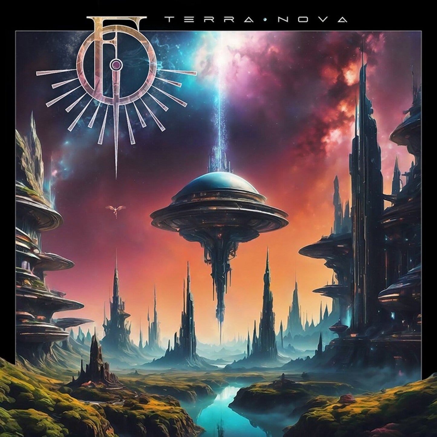 CD cover: futuristic cityscape with flying saucers and a sunburst symbol.