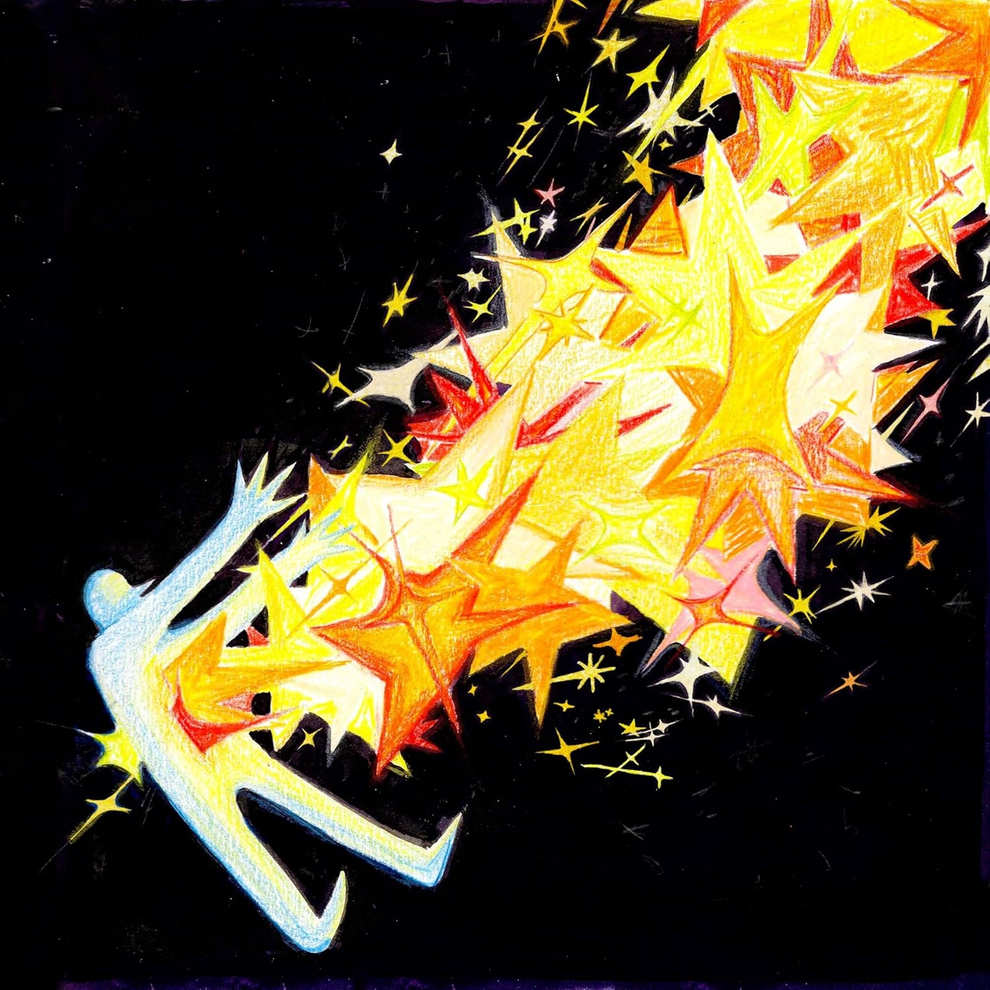 Colorful, crayon-style illustration of stars and a large anchor on black.