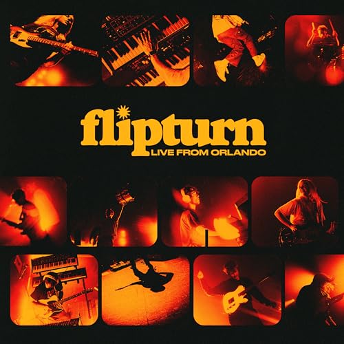 Flipturn band members performing live on stage, warm orange lighting.