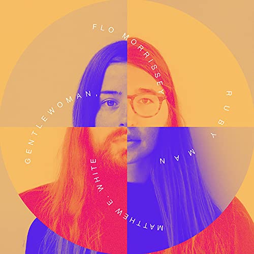 Album cover: split portrait of two people with colorful geometric background.