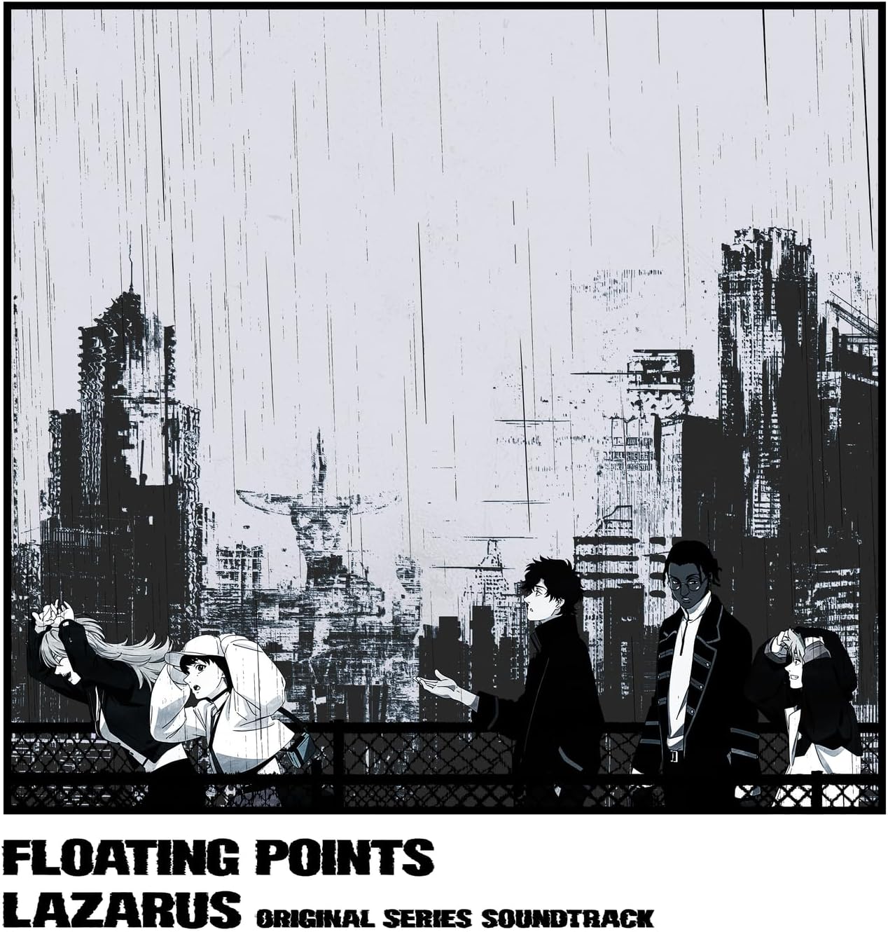 Black and white illustration of figures with a city skyline, album artwork.