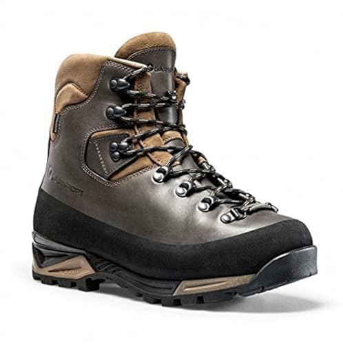 Brown and black hiking boot with laces, angled on a white background.