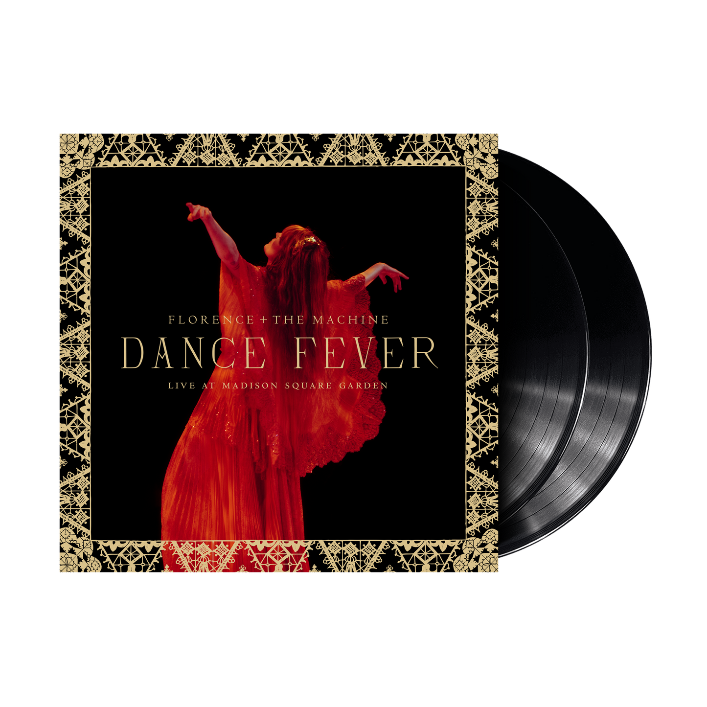 "Black vinyl record with cover art featuring a woman in a red dress."