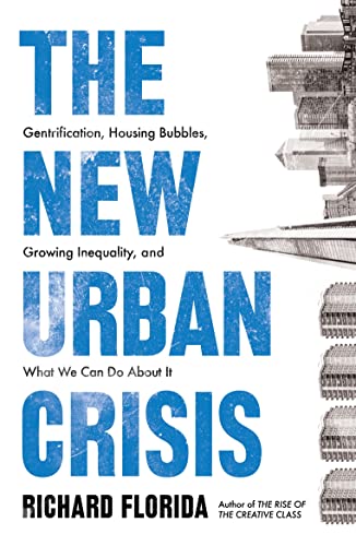 Book cover for The New Urban Crisis by Richard Florida with city skyline graphics.