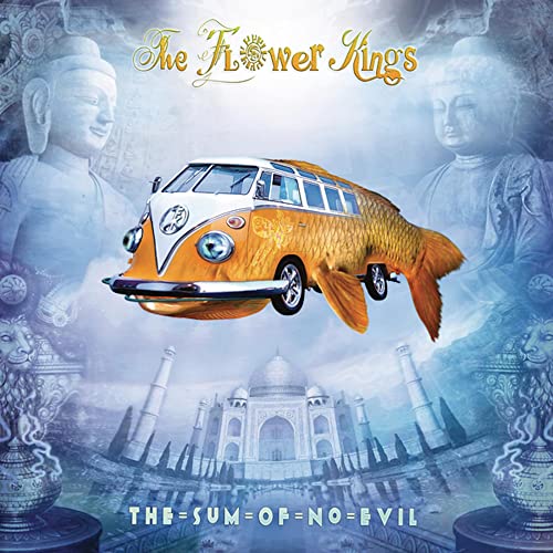 Album cover: fish-shaped VW bus floats above Taj Mahal, with Buddhas.