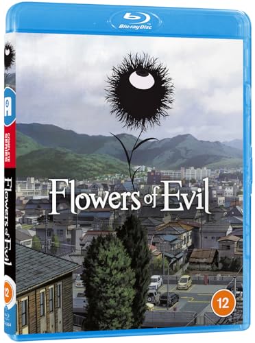 “Flowers of Evil” Blu-ray cover with an eye-flower over a city landscape.