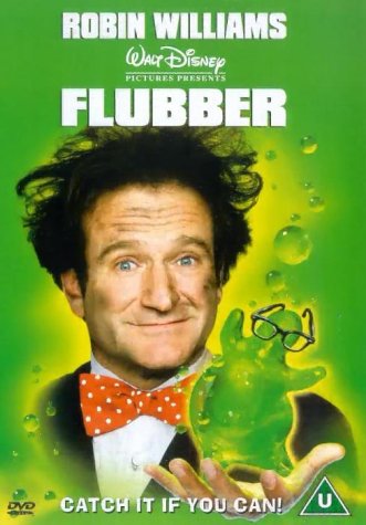 Robin Williams wearing a polka dot bow tie holds a green blob on DVD cover.