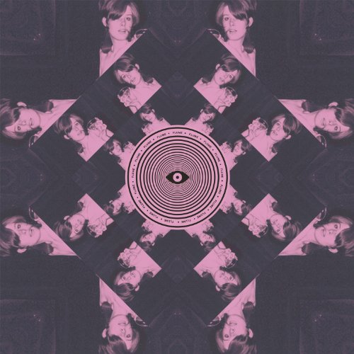 Pink and black geometric album cover with repeating portrait and central eye.