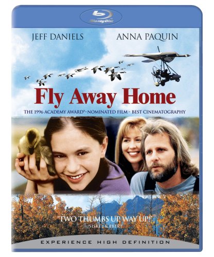 Fly Away Home" Blu-ray cover with actors, geese, and a small plane.