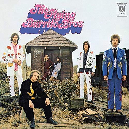 "The Flying Burrito Brothers" vinyl album cover featuring band members in colorful suits.