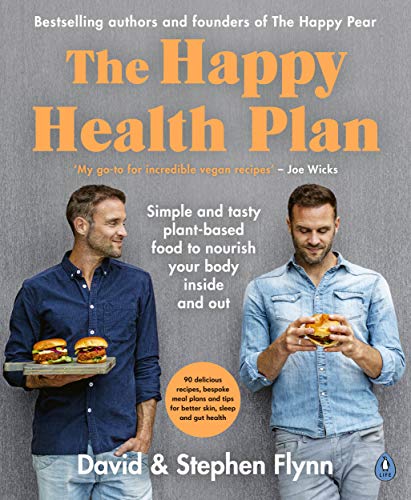 Book cover: "The Happy Health Plan" with two men holding plant-based burgers.