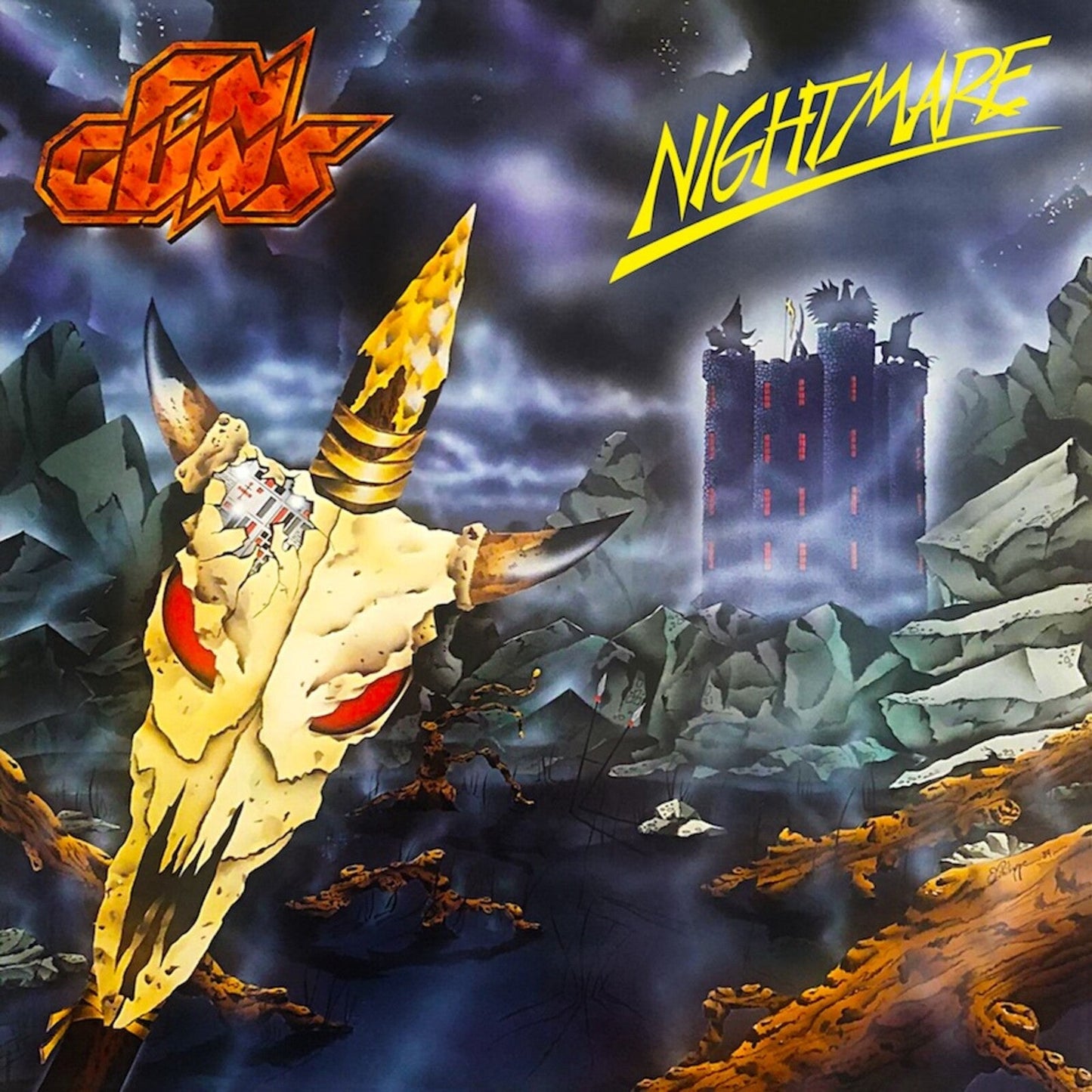 Fn Guns - Nightmare" album cover: skull, castle, and stormy purple sky.