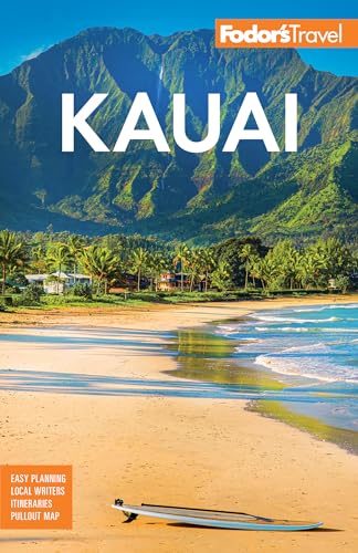 Fodor's Kauai travel guide cover with beach, mountains, and surfboard.
