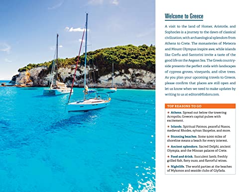 Fodor's Greece guidebook cover with a vibrant image of sailboats in blue water.