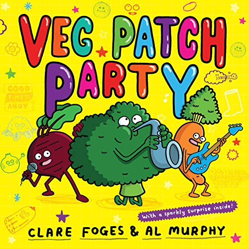 Cartoon beetroot, broccoli, and carrot playing musical instruments on a bright yellow background.