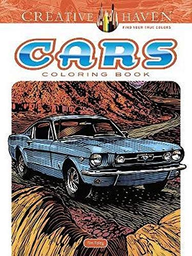 Cover of “Creative Haven Cars Coloring Book” featuring a blue classic car.