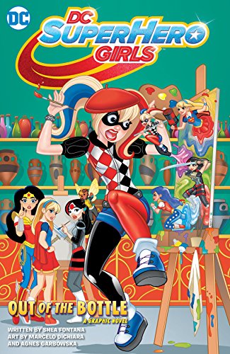 DC Super Hero Girls graphic novel cover featuring Harley Quinn painting.