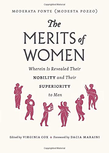 Book cover: "The Merits of Women" with red figures in silhouette.