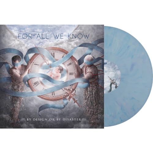 Vinyl record cover with figures, a clock, and blue swirling vinyl.