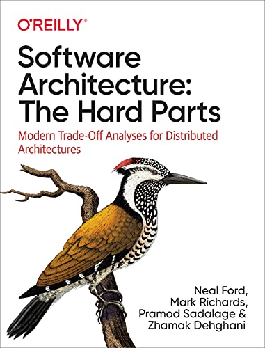 Book cover with title Software Architecture: The Hard Parts and a woodpecker illustration.