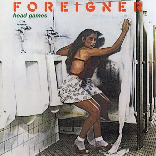 Foreigner’s “Head Games” vinyl album cover: woman in a public restroom.