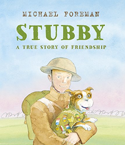 A watercolor illustration of a soldier in uniform holding a dog wearing medals.