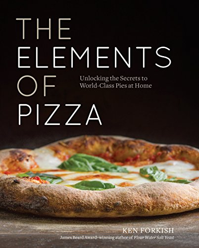 Cookbook cover titled The Elements of Pizza featuring a margherita pizza on a dark background.