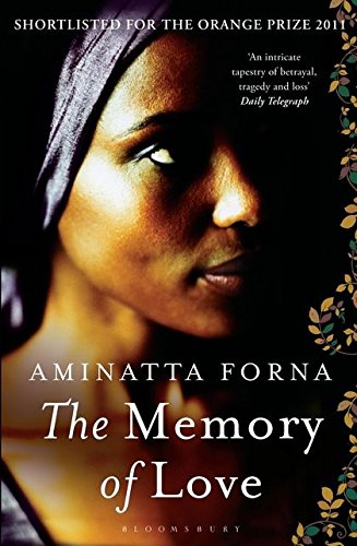 Book cover: close-up portrait of a woman, dark background, title “The Memory of Love”.