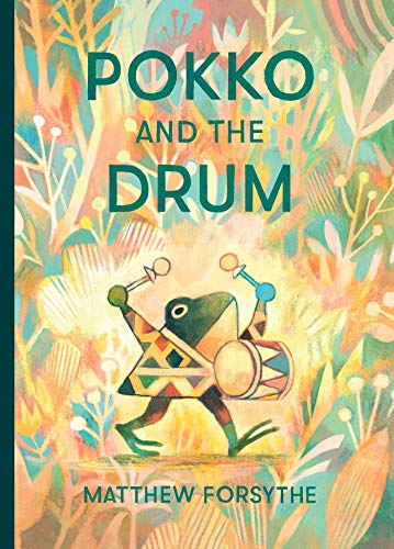 A frog playing a drum in a colorful, abstract forest illustration.