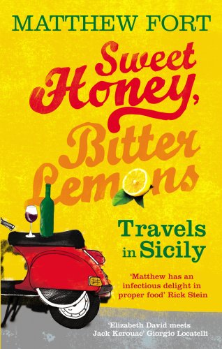 Book cover: red Vespa, lemons, and title "Sweet Honey, Bitter Lemons.