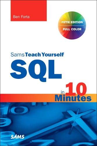 Book cover: "SQL in 10 Minutes a Day," fifth edition, with colorful graphics.