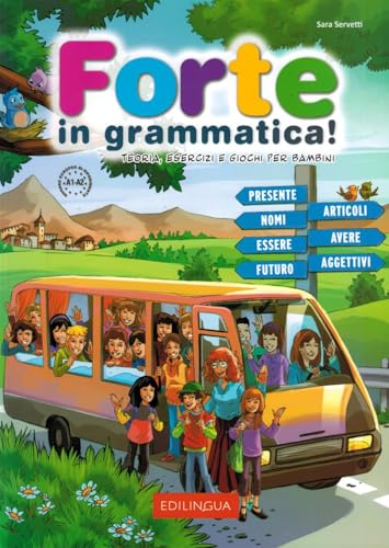 Colorful Italian grammar textbook cover with children and a school bus.