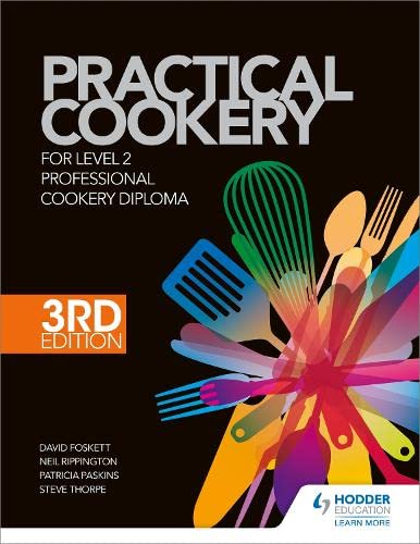 Cookery textbook cover with colorful kitchen tools and “Practical Cookery” title.