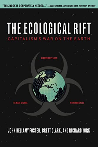 Book cover: Earth within a biohazard symbol, title “The Ecological Rift.”