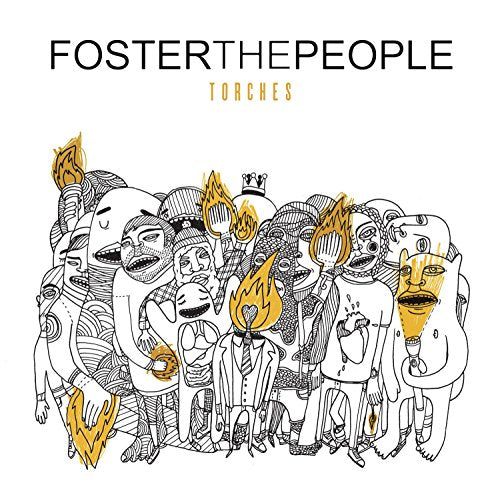 Album cover with black and white line art of surreal figures holding golden torches.