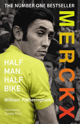 Book cover featuring Eddy Merckx in a yellow cycling jersey, looking intently.