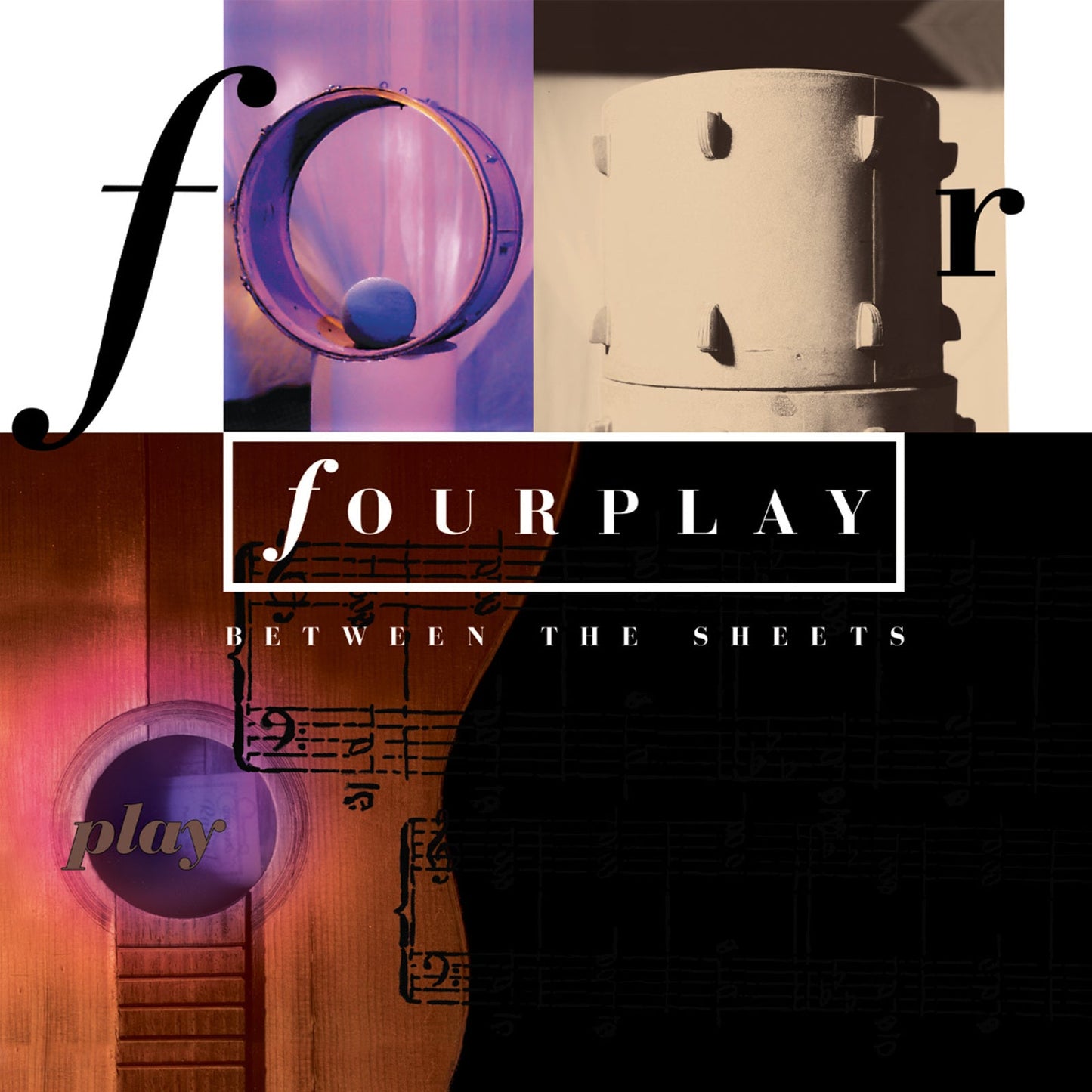 Album cover for “Fourplay - Between The Sheets” featuring musical instruments.