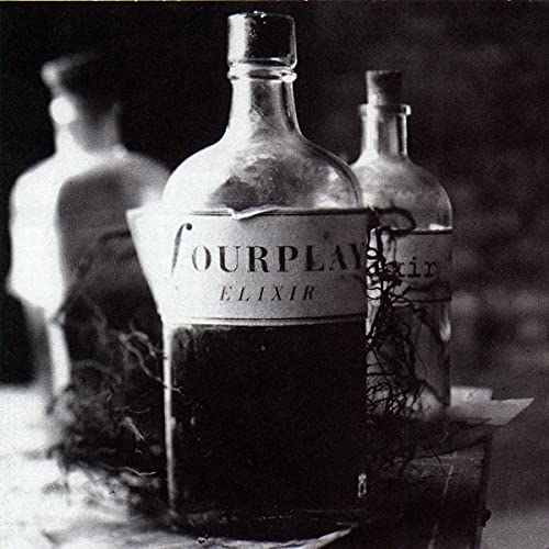 Black and white photo of vintage bottles with “Fourplay - Elixir” label.