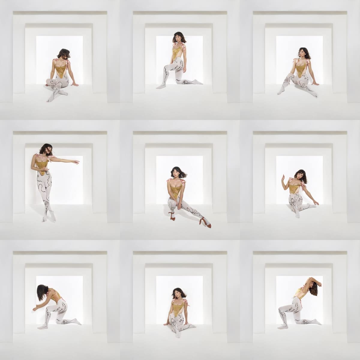 "Album cover featuring nine images of a woman posing in white recessed boxes."