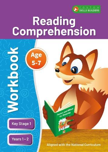 Workbook cover with a cartoon fox reading a book, for ages 5-7.