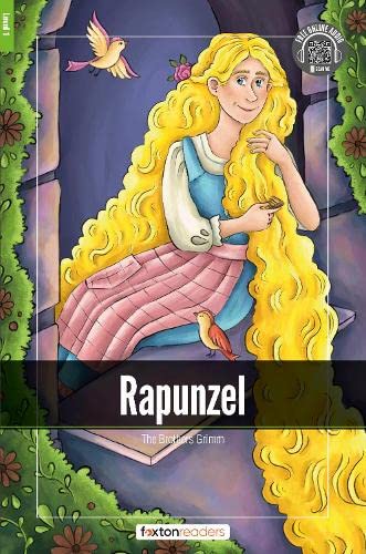 Rapunzel with long blonde hair, a bird, and floral border illustration.