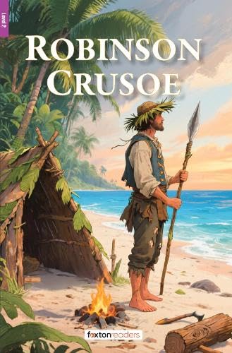 Book cover: Robinson Crusoe with a spear on a tropical beach.