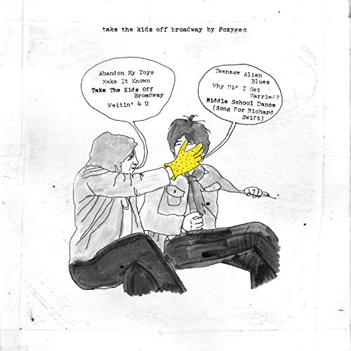 Black and white illustration of two figures with speech bubbles, album cover.