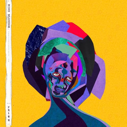 Abstract portrait of a person with colorful geometric shapes on a yellow background.