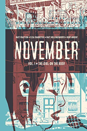 “November Volume I” comic book cover with illustrated cityscape and faces.