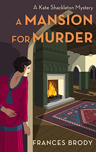Book cover: woman in red facing a fireplace in a mansion.